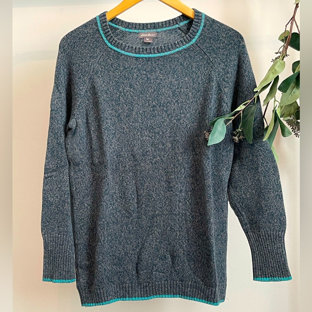 Eddie Bauer Blue Heather Crewneck Sweater with Turquoise Trim - size Large
